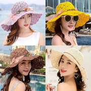 草帽女花环夏天海边度假遮阳帽韩版太阳帽，可折叠防晒大沿沙滩帽子