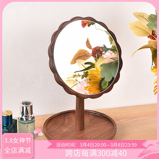 中式复古镜子化妆镜台式桌面，家用高清实木，高级感公主花瓣形梳妆镜