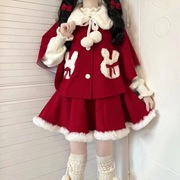 新年战袍奶乖可爱少女红色，娃娃领系带，斗篷外套拼接毛绒边短裙套装