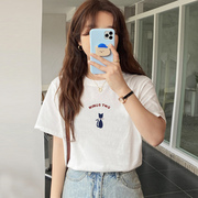 学生白色短袖小猫t恤女2022夏季纯棉设计感小众韩版休闲上衣