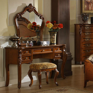 美式实木梳妆台复古化妆桌，卧室书桌收纳柜，一体欧式小户型雕花家具