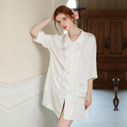 白色衬衫睡裙女高级缎面雪纺镂空宽松衬衣，夏季短袖中长款冰丝睡衣