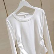 白色圆领t恤女长袖，2023秋季修身显瘦韩版百搭褶皱，打底衫上衣