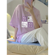 紫色短袖t恤女夏2024夏日多巴胺穿搭宽松纯棉体恤小个子上衣