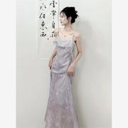 新中式国风优雅荷叶边紫色吊带连衣裙夏季绝美气质露背长裙子