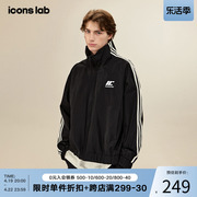 iconslab胶印logo条纹，休闲夹克黑色百搭拉链，长袖运动情侣外套潮