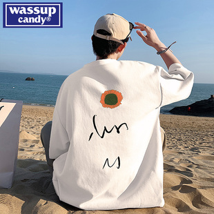 wassupcandy短袖t恤男夏季宽松重磅纯棉，设计感潮牌大码港风体恤