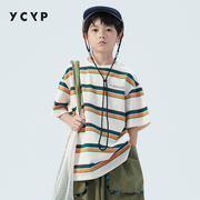 YCYP男童短袖t恤洋气百搭中大童夏季儿童半袖条纹上衣潮