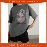 ganni早春女印花棉质平纹，布灰色(布灰色)t恤napnet-a-porter颇特
