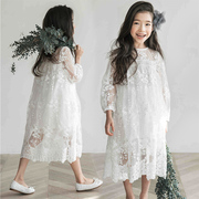 女童春季连衣裙蕾丝公主裙2023韩版长袖仙女长裙儿童白色裙子