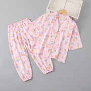 夏季儿童棉绸睡衣七分袖薄款宝宝女孩绵绸套装，男童女童空调家居服