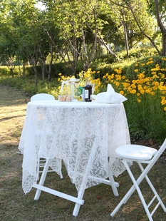 法式宫廷刺绣镂空简约小清新透明网纱白色圆桌，蕾丝野餐长方形桌布
