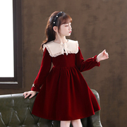 女童秋冬季连衣裙2024红色，加绒冬裙女孩，公主裙儿童装礼服裙子