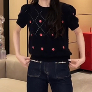 韩版设计感圆草莓图案短袖t恤女2024春季泡泡袖针织衫上衣