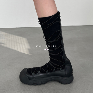 CHILIGIRL系带长靴2023小众设计独特显瘦拼接绑带时装中筒靴