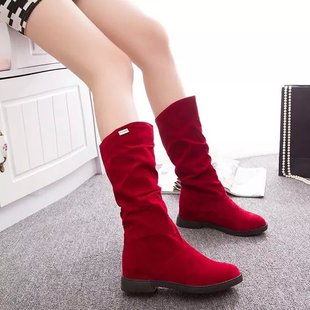 红色中筒高筒长靴子女2023年百搭时装长筒靴网红堆堆靴骑士靴