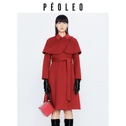 飘蕾红色双面羊毛呢大衣，冬季气质斗篷，中长外套女