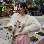 韩国女装lag2023冬季款时尚，宽松v领百搭毛毛长袖休闲短款外套