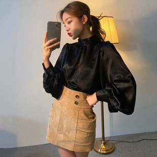 韩国chic优雅立领光泽感绸缎灯笼，袖衬衫+高腰，口袋灯芯绒半身裙女