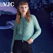 VJC/威杰思秋冬女装绿色马海毛衫时尚钉珠短款针织外套