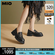MIO米奥2024年春季圆头粗跟乐福鞋牛皮革复古压纹舒适厚底单鞋女