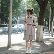 学院风灰色运动套装，女夏翻领polo短袖韩版宽松学生休闲短裤两件套