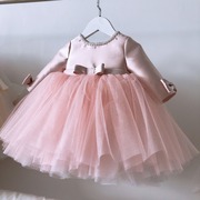 女童周岁礼服粉色蕾丝长袖公主，裙小宝宝生日钢琴蝴蝶结儿童蓬蓬纱