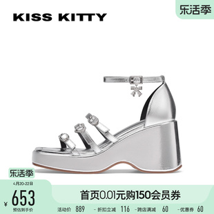 kisskitty2024年夏季坡跟，凉鞋增高厚底，超高跟银色凉鞋配裙子