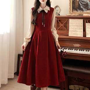 法式复古学院风双层领红色，连衣裙秋冬大码赫本风假两件灯芯绒长裙