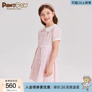 pawinpaw卡通小熊童装2024年春夏季女童学院，风格纹印花连衣裙