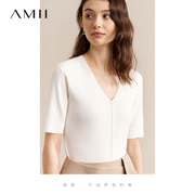 Amii2024春短袖针织衫女修身V领四分袖打底衫冰麻纱白色上衣