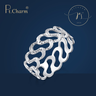 pt.charm铂金戒指女款水波纹，白金戒指个性，时尚结婚求婚指环