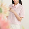 roem韩版夏季薄款小清新翻领粉色格子短袖衬衫甜美纯欲短版上衣5