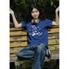 珍妮 圆领短袖T恤女夏季2024学生设计感修身蓝色印花上衣ins