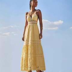 2024夏季欧美海边度假风性感裹胸无袖蕾丝拼接大摆黄色连衣裙长裙