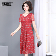 妈妈装夏季连衣裙高贵台湾纱中老年人女时尚，洋气质婚宴红裙子