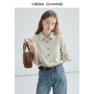 vegachang条纹衬衫女设计感小众宽松显瘦长袖上衣2023年秋装