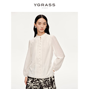 vgrass甜美白色气质，长袖衬衫女24年春季休闲花边织带上衣