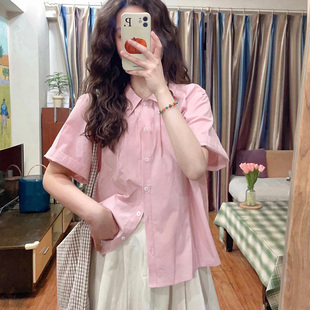 夏季短袖纯色日系复古单排扣设计感小众粉色衬衫女休闲翻领上衣