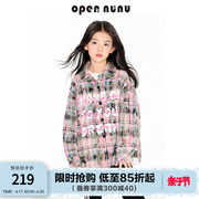 opennunu女童美式印花长袖，衬衫春秋儿童格子衬衣，微磨毛外套