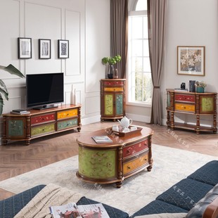 欧美式客厅1米4茶几电视柜，组合复古地中海，视听柜弧形多功能咖啡桌
