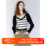 三彩ibudu2024春季假两件条纹针织衫，v领插肩袖修身短款女