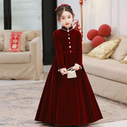 定制2023冬款儿童丝绒生日，新中式礼服酒红色，女童主持人钢琴演出服