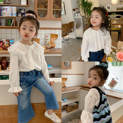2023春装韩版女宝宝娃娃，衫长袖翻领蕾丝，上衣女童气质衬衫小童