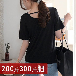 夏季大码女装韩版加肥加大200斤上衣黑色小衫遮肉肚 300斤短袖T恤