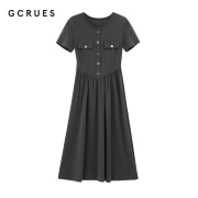 gcrues品牌灰色短袖连衣裙女夏2024法式显瘦气质百褶a字裙子
