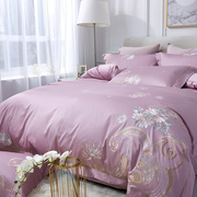 100支澳棉床上四件套纯棉纯棉，被套紫色豆沙，刺绣花结婚庆床品