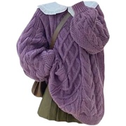 微胖定制设计感复古慵懒风紫色麻花毛衣女软糯圆领长袖针织衫上衣