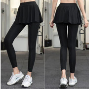 假两件健身裤女跑步瑜伽裤，紧身运动裙裤速干弹力，九分裤子薄款显瘦