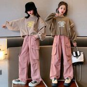 女童工装裤春装2024韩版蝙蝠衫，卫衣套装中大童，春季洋气两件套